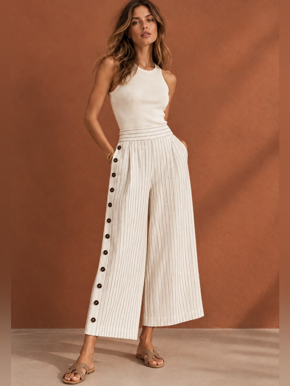 NWT ANTHROPOLOGIE Wide Leg High Rise Button Detail Striped Crop Ankle Pants 8